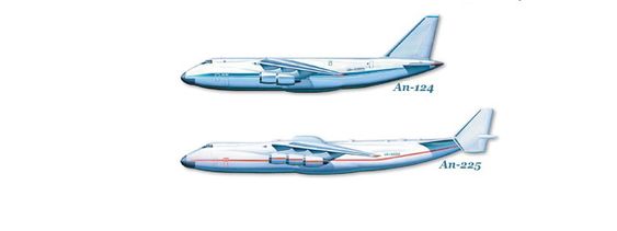 Antonov er på mange måter synonymt med digre transportfly. An-225 (nederst) kan frakte 250 tonn nyttelast, mens An-124 har en kapasitet på 100 tonn.