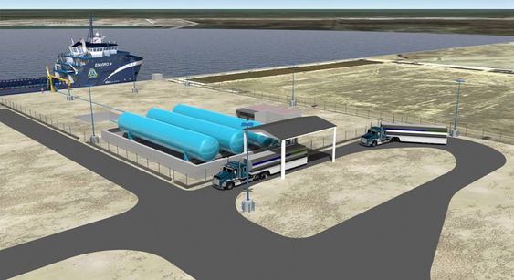 Bil og båt: LNG-anlegget til Harvey Gulf International Marine (HGIM) ved Port Fourchon kan fylle gass både på skip og kjøretøy. To separate lagringsområder vil hver ha lagringsplass for 1 millioner liter flytende gass. 