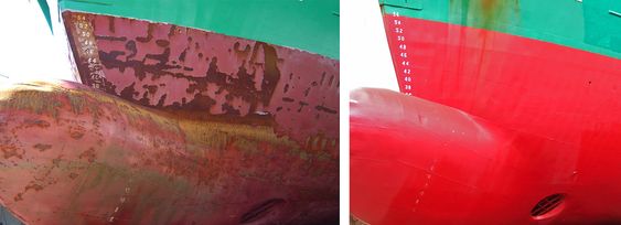 Sliitasje: Bulben på et isgående fraktskip. bildet til venstre viser baugen etter ett år i is med vanlig bunnstoffmaling. Bildet til høyre viser bulben etter to år i is, behandlet med Ecospeed. 