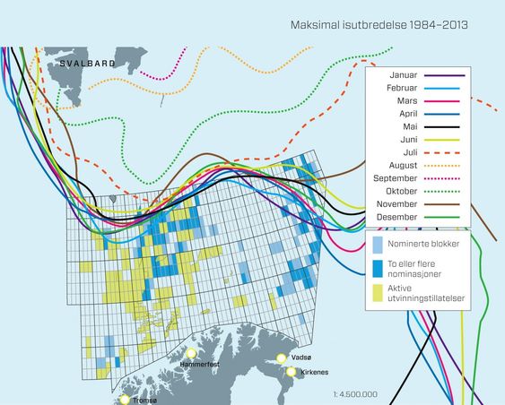 Iskant: Kartet viser hvor langt isen beveger seg gjennom årets 12 måneder. Oversikten er basert på meteorologiske data fra de siste 30 årene. Flere av blokkene Olje- og energidepartementet foreslår ligger innenfor denne sonen store deler av året, noe som bekymrer miljøvernere og sikkerhetseksperter. Kilder: Oljedirektoratet og Polarinstituttet