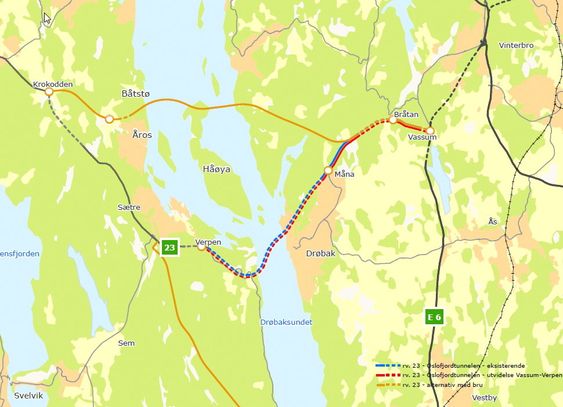 Dette er alternativene for kryssing av Oslofjorden ved Drøbak. Enten en ny bru lenger nord eller utvidelse av Oslofjordtunnelen med ett løp. 