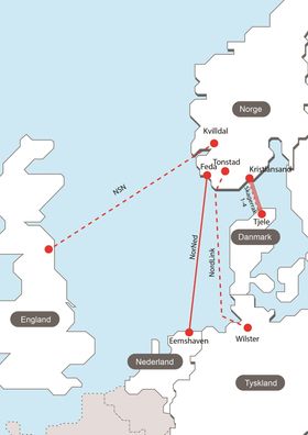 Nye kabler: Norge har fire kraftkabler til Danmark og en til Nederland, og Olje- og energidepartementet ga nylig Statnett konsesjon til å bygge kabel til England og Tyskland.