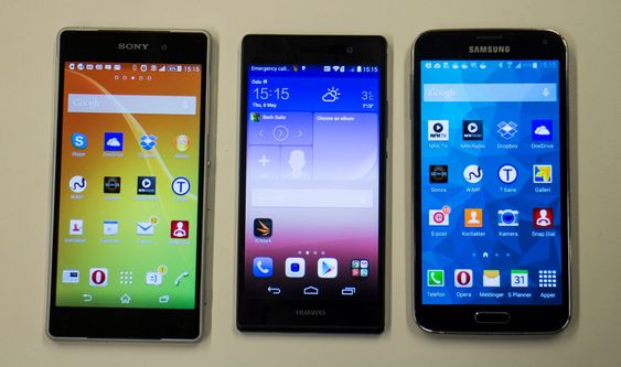 Konkurrentene: Sony Z2 og Samsung S5 er et par av de Ascend P5 (i midten) skal få bryne seg på.  