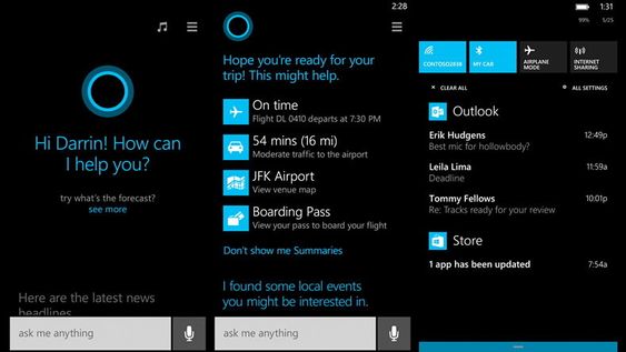 Cortana er Microsofts nye stemmeassistent. Helt til høyre ser du det nye varselsenteret. 
