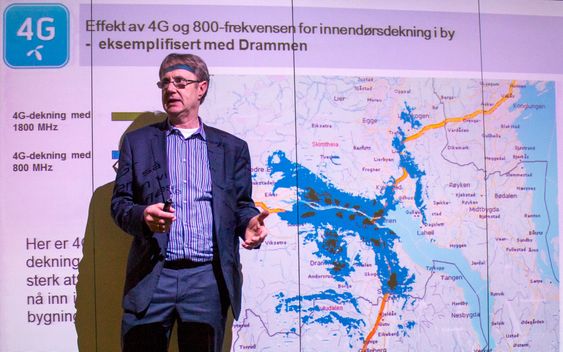 Se den dekningen: I går ble 4G-stasjonene i Drammen og omegn utstyrt med 800 MHz sier Telenor Norges dekningsdirektør, Bjørn Amundsen. De blå feltene viser den nye dekningen i forhold til den 4G-dekningen som allerede var der på 1,8 og 2,6 GHz.
