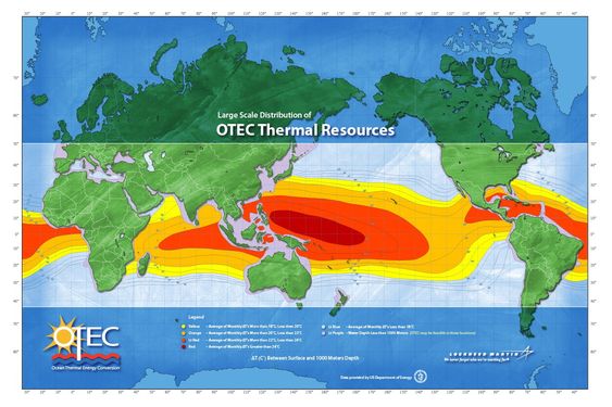 Kartet viser hvor potensialet for termisk havenergi er størst.