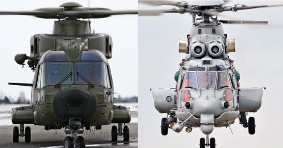 Norge skal handle minst 16 helikoptre enten av typen AW101 (t.v) fra Agusta Westland eller EC725 fra Eurocopter. 