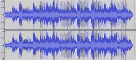 Bilde 2.  Her er «The closest thing to Crazy» med Katie Melua. Her er det masse å gå på når det gjelder dynamikk (avstanden fra signalet og til verdien 1.0 ). Det låter fint, og det gjør det også selv om den blir avspilt i MP3 fra 192 kbps og oppover. 