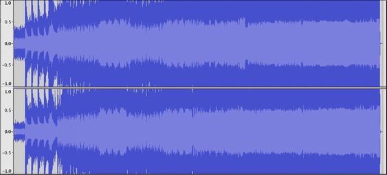 Bilde 1. «The day that never comes» av Metallica ( Fra Death Magnetic ) låter fryktelig også på CD, og kan lett forveksles med en hardt komprimert MP3-fil. Svaret på hvorfor ser du her. Her er det digital klipping omtrent hele veien. 
