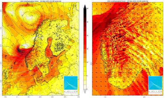 Dagmar blåste sterkest på Vestlandet. Kartene viser vindhastigheten 25. desember klokken 22.00, fra lyst til mørkt i meter per sekund.