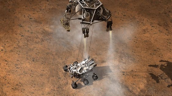 HIMMELKRAN: Den mest spennende delen av landingen blir når Curiosity skal fires ned til bakken fra landingsplattformen.