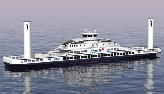 HYBRID: Konseptfergen til Fjord1 for E39 Lavik-Oppedal med Flettner-rotorene som mest oppsiktsvekkende.Design: Multi maritime. 