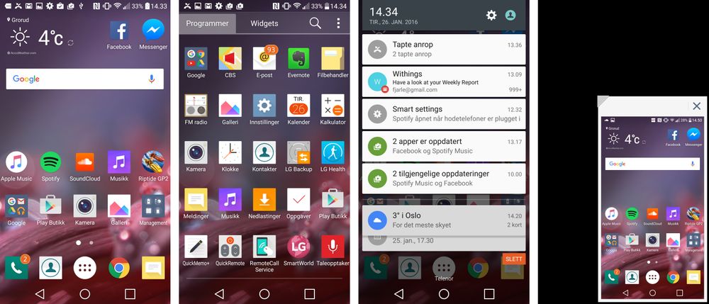 LGs versjon av Android-menyene er enkle og greie, men ser litt annerledes ut enn Googles originale. Synes du skjermen er for stor? Krymp skjermbildet ved å trekke i snarveisfeltene nederst.