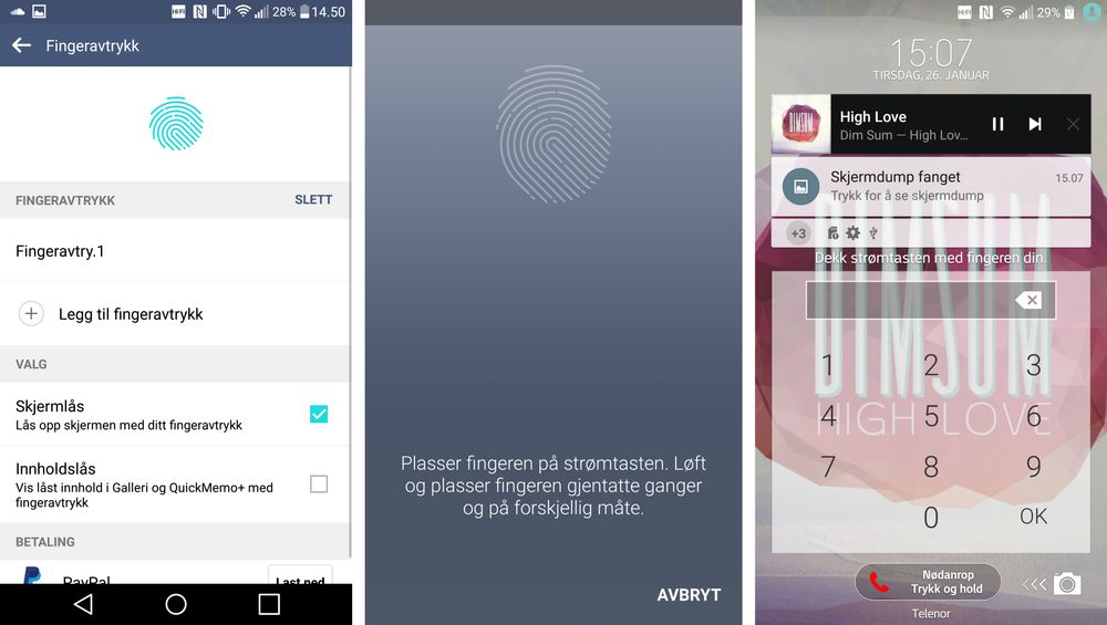 LG V10 har fingeravtrykksleser i låseknappen på baksiden. Vi synes ikke den imponerer sammenliknet med løsningene fra Apple, Samsung og Sony.