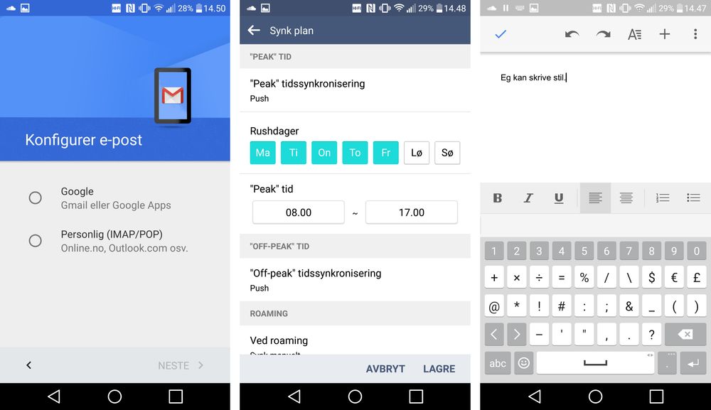 Det er ergelig at vi fortsatt må dille med flere e-postklienter, men den innebygde e-postløsningen i V10 har noen kjekke innstillinger. Til høyre er dokumentredigering i Google Docs.