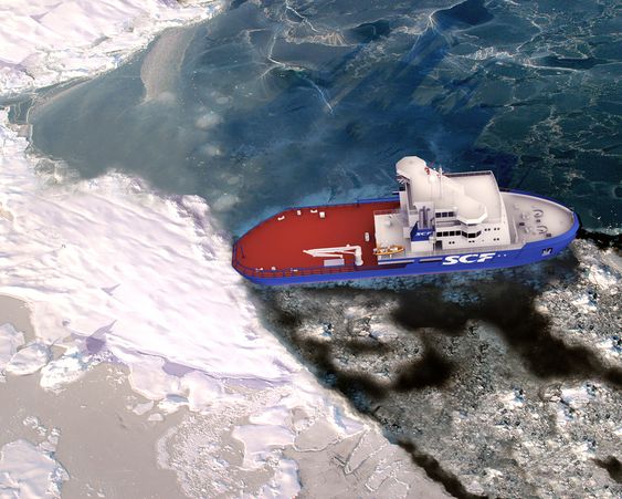 SØL: Skipet kan beveges sidelengs og samle opp olje i isbealgte farvann.
Det får tre rorpropeller som gir gode manøvreringsegenskaper.

kombinert isbryter og oljevernfartøy for russisk gruppering. Kombinasjonsskipet blir 67 meter langt og 19 meter bredt. I tillegg til ekstreme isbryteregenskaper, utstyres skipet for oljeoppsamling i arktiske strøk. 
Skipet bestilles av de russiske selskapene OAO Sovcomflot og FSUE Rosmorport