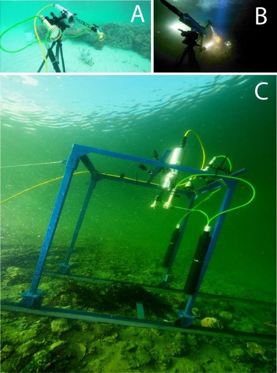 Ecotone - kamerateknologi for undervanns miljøovervåkning.  Kamera greier å se forskjell på  olje, sand, koraller og forurensning under vann.  A er fra testing av optisk sensor på Great Barrier Reef i Australia i januar 2011, B er fra testing av optisk sensor i Grønlandshavet i januar 2010, C er fra testing av optisk sensor i Hopavågen i Norge i April 2010.