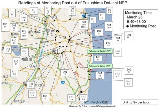 Tall over strålingsnivåer i luften rundt Fukushima-kraftverkene. Informasjon fra den japanske regjeringen. Innhentet 24. mars 2011.