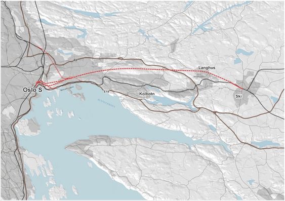 STREKNING: Follobanen er et nytt, 22 km langt dobbeltspor mellom Oslo og Ski, og skal tilpasses en eventuell, framtidig høyhastighetsbane. Banen får Norges lengste jernbanetunnel (prikket linje) på 19 km og med to løp.