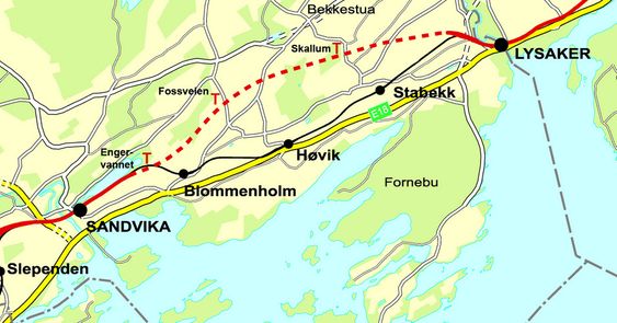 STREKNINGEN: Prikket rød linje viser den nye tunnelen hvor hurtigsporene skal gå direkte fra Lysaker til Sandvika. Lokaltogene vil fortsatt følge svart linje, og få med seg stasjonene Stabekk, Høvik og Blommenholm. KART: JBV
