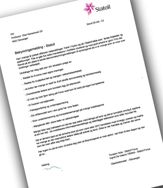 Bekymringsmeldingen som ble sendt Petroleumstilsynet fra en plattformsjef i Statoil.