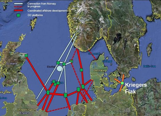 KART: Map from the Norwegian TSO, Statnett, showing a possible offshore grid development in the North Sea. The original map focuses only on the North Sea and does not include potential interconnectors outside this area. Existing interconnectors are not shown. Kriegers Flak has been included here for comparison.