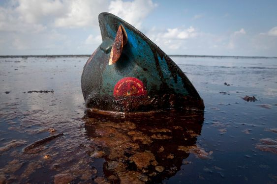 En hjelm som har tilhørt en oljearbeider, ligger og dupper i oljesølet utenfor kysten av delstaten Louisiana. Utslippet har så langt kostet BP 1,43 milliarder dollar.