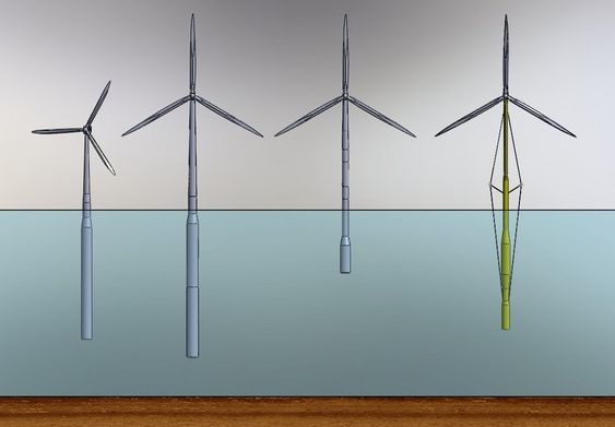 FIRE ULIKE KONSEPTER: Her er fire ulike turbinkonsepter stilt ved siden av hverandre for å illustrere forskjellen i størrelsen. Fra venstre: Hywind, Hywind OC3, Njord og Sway.