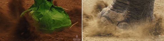 Ved hjelp av en dinosaurfotformet sandsekk klarte man å skape et naturlig nedslag i filmen.
