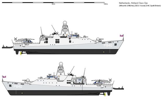 Tegning som viser Holland-klasse patruljefartøy uten skrogvinge. 