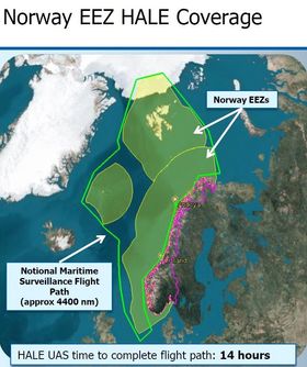 To slike runder rundt Norges økonomiske sone kan Triton gjennomføre på ett oppdrag, ifølge Northrop Grumman som åpenbart laget denne grafikken før de ble klart at Andøya-basen skal legges ned. 