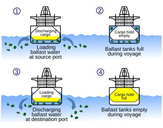 Skissen viser hvordan ballastvann brukes for å stabilisere skip, avhengig av hvor mye last skipet bærer.