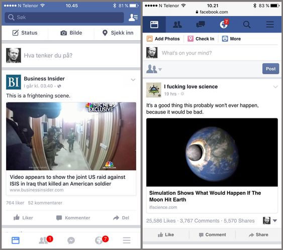 LITEN FORSKJELL: Facebook-appen og nettsiden på mobil tilbyr mer eller mindre det samme.