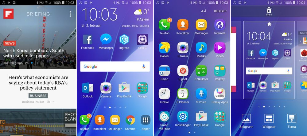 Slik ser brukergrensesnittet ut på Samsung Galaxy A3. Skjermbildet helt til venstre dukker opp når du sveiper til venstre fra Hjem-skjermen, og viser nyheter levert av Flipboard.