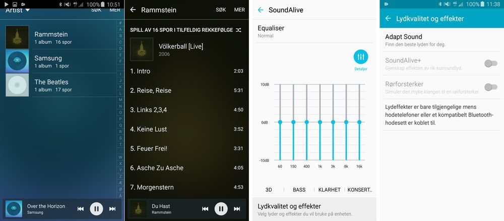 Musikkspilleren til Galaxy A3 er ikke spesielt avansert, men gjør nytten. Telefonen har gode muligheter for at du selv kan tilpasse lydbildet etter din egen smak.