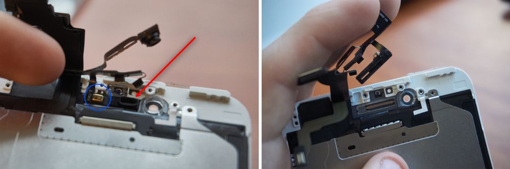 Det eneste som nå gjenstod på denne delen var å pirke løs mikrofonen (blå sirkel) og kabelen dens (rød pil). Her måtte vi frem med både varmepistol og kniv for å få has på herligheten – men den kom da til slutt av, og tok med seg resten av delene også.