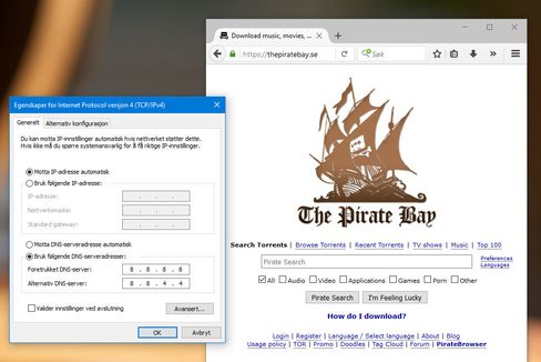 Selv om internettleverandøren vår blokkerte tilgangen til blant annet The Pirate Bay slik at vi fikk opp den røde «Stopp»-meldingen ovenfor, var det en lett sak å omgå sperren. Alt som skulle til våre å endre DNS-innstillingene.