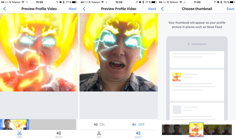 Når du har lastet opp videoen kan du beskjære lengden på videoen, og du kan også velge om du vil ha lyd på den. Til slutt må du velge et stillbilde fra videoen som skal vises som ditt profilbilde.