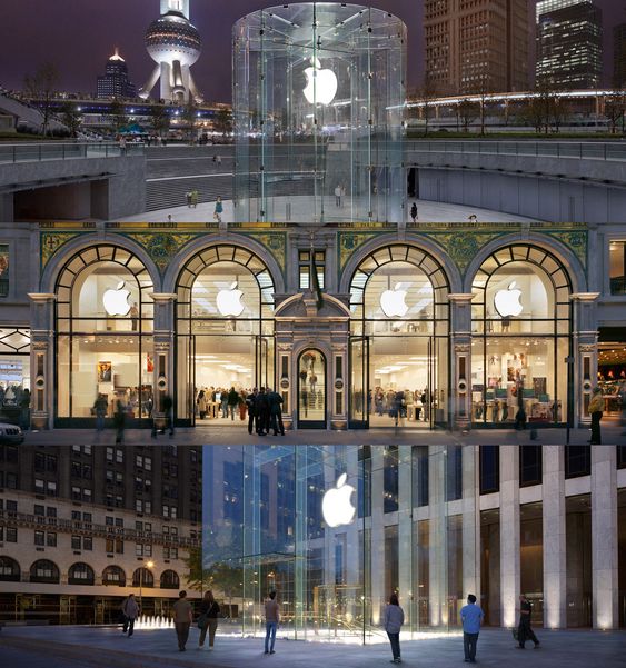 Apples flaggskip-butikker pleier å sette design i fokus. Ovenfra: butikkene i Shanghai, London og New York.