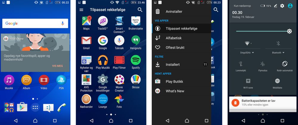 Menyene i Xperia M5 er slik vi kjenner dem fra eldre Sony-modeller. De er noenlunde enkle å bruke, men vi savner en kjapp måte å aktivere ikke forstyrr-modusen direkte fra nedtrekksmenyen.
