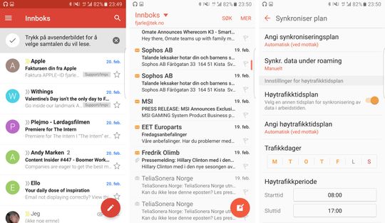 Heller ikke i denne telefonen får vi legge til Exchange-e-post i Gmail-appen, men Samsungs egen app er tross alt ganske så god.