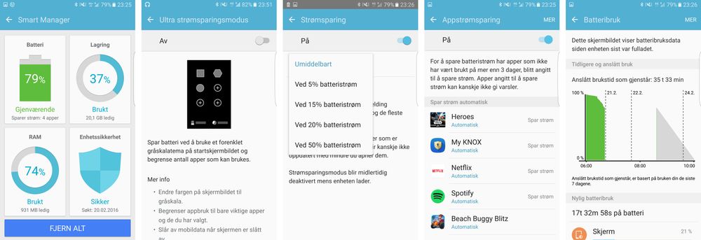 Det skjuler seg en mengde strømsparemuligehter i menyene. I tillegg kommer Android 6.0 med sine egne løsninger som virker uavhengig. Sammen med et stort batteri betyr dette at Galaxy S7 Edge kan holde lenge på én lading.
