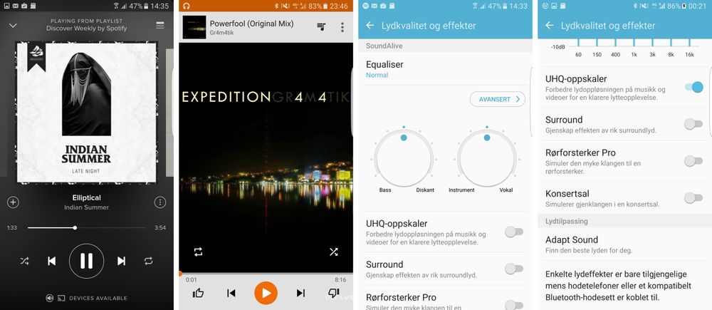 En mengde lydinnstillinger er tilgjengelige, og du kan også tilpasse lyden til din egen hørsel. Innstillingene virker enten du bruker Google Play Music som følger med, eller andre tjenester.