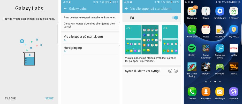 Her skal det komme til eksperimentelle funksjoner. Foreløpig er det bare to å velge i. Talestyrt oppringning, og en løsning som fjerner appmenyen og flytter alt innholdet til hjemmeskjermene.