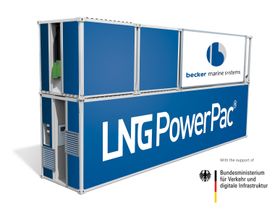 LNG Power Pack. Skal løftes om bord i containerskip når de kommer til kai og forsyne det med "ren" landstrøm, produsert med LNG-motorer og dermed uten utslipp av svovel og partikler og 80 prosent mindre NOX enn fra dieselmotorer.