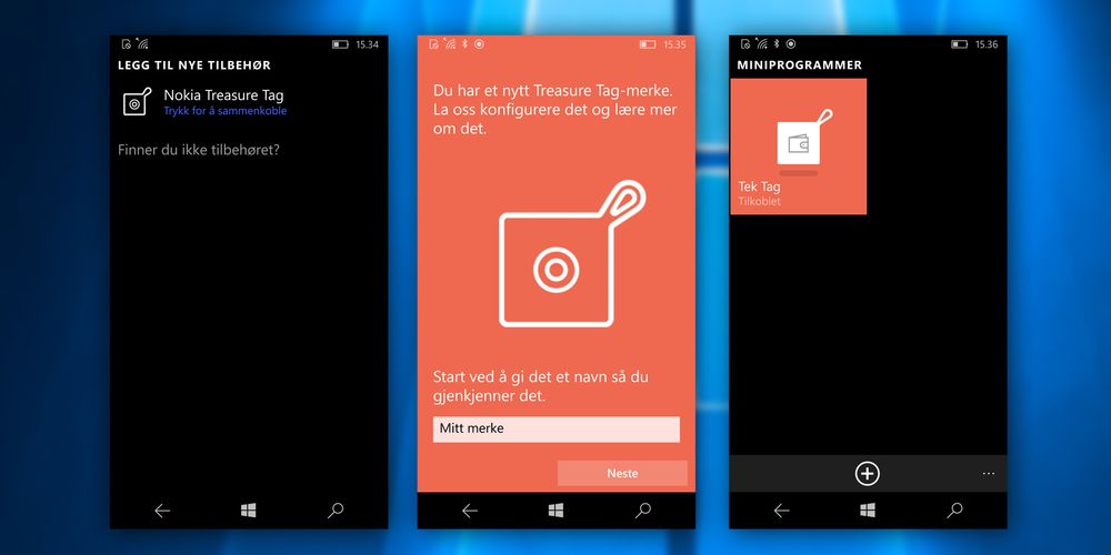 Slik ser det ut under og etter konfigurering av Nokia Treasure Tag i miniprogrammet i Windows 10 Mobile.