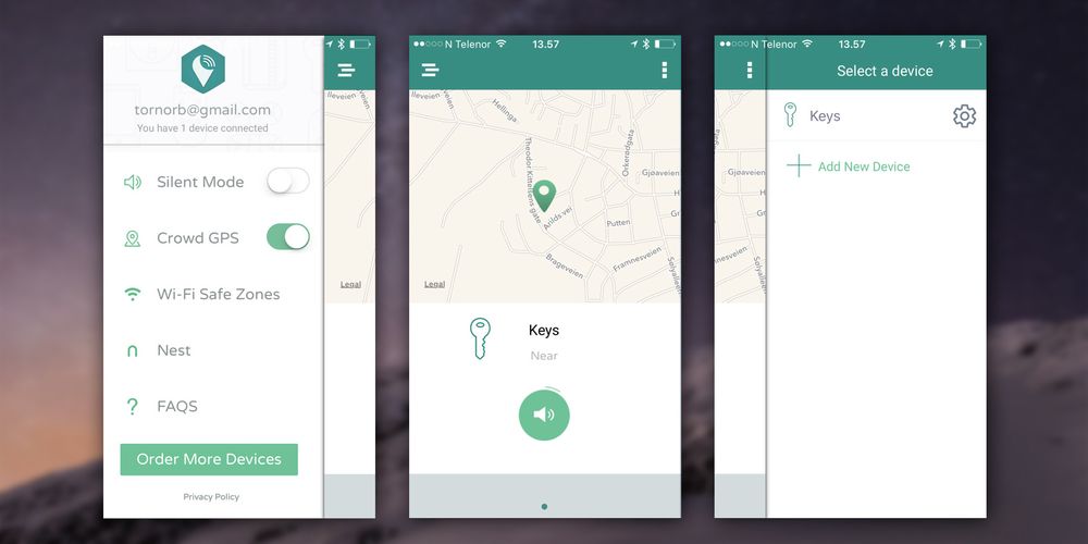 De tre hovedmenyene i TrackR-appen. Grensesnittet er rolig og gjennomført.