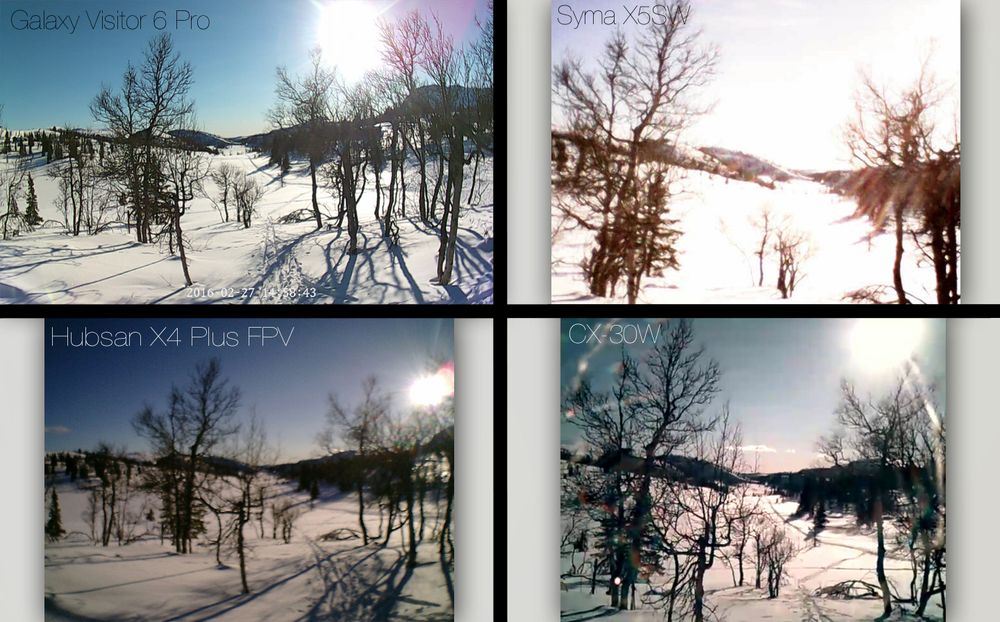 Disse stillbildene tok vi med kameraene på de forskjellige dronene. Som i videoene er det også her én drone som peker seg ut: Nine Eagles Galaxy Visitor 6 Pro. Hubsan X4 Plus FPV skuffer litt med tanke på prisen, fordi kameraet aldri leverer skikkelig skarpt bildemateriale. Både farger, detaljer og kontraster har en tendens til å flyte ut. Bilde fra Syma-dronen er fullstendig ubrukelig, mens CX-30W leverer sånn nogenlunde overlevelig kvalitet.