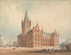 I 1856 ble det utlyst en arkitektkonkurranse for Norges første stortingsbygning. Vinneren var en nygotisk bygning med spir tegnet av arkitektene Heinrich Ernst Schirmer og Wilhelm von Hanno. Men det kirkelignende forslaget ble forkastet av Stortinget.