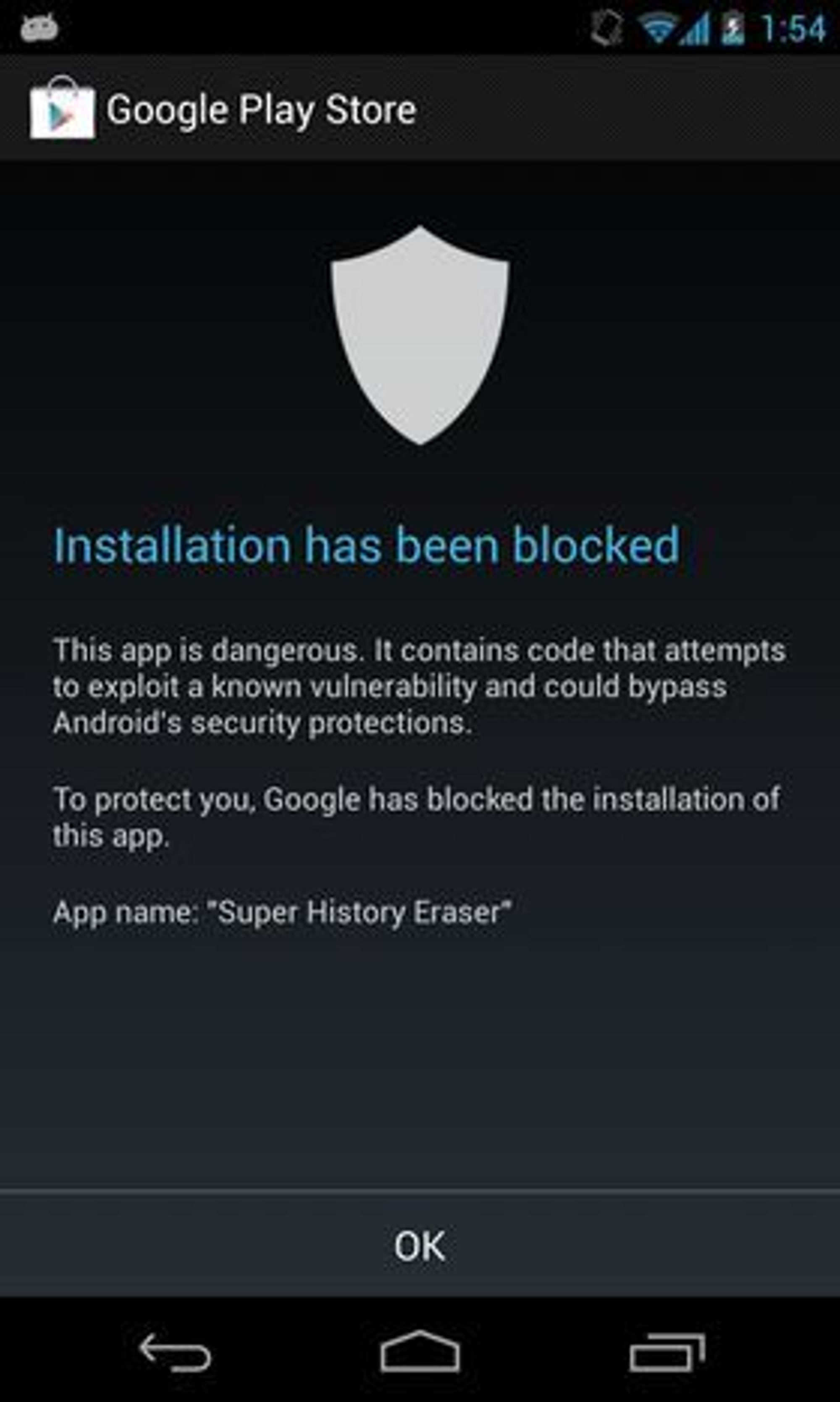Skadevaregjenkjenningen Google Play Store-applikasjonen i Android 4.2.